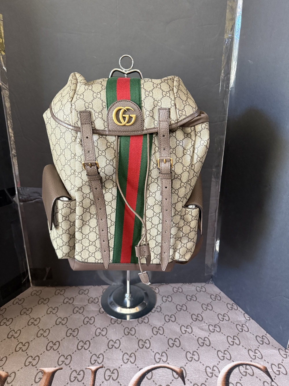 Gucci Beige GG Supreme Canvas Web Stripe Backpack